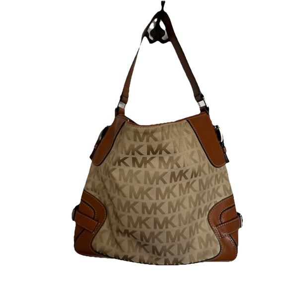 Michael Kors Saddle Brown Leather Medium Hobo Shoulder Bag Tote Jacquard Canvas - Picture 6 of 11